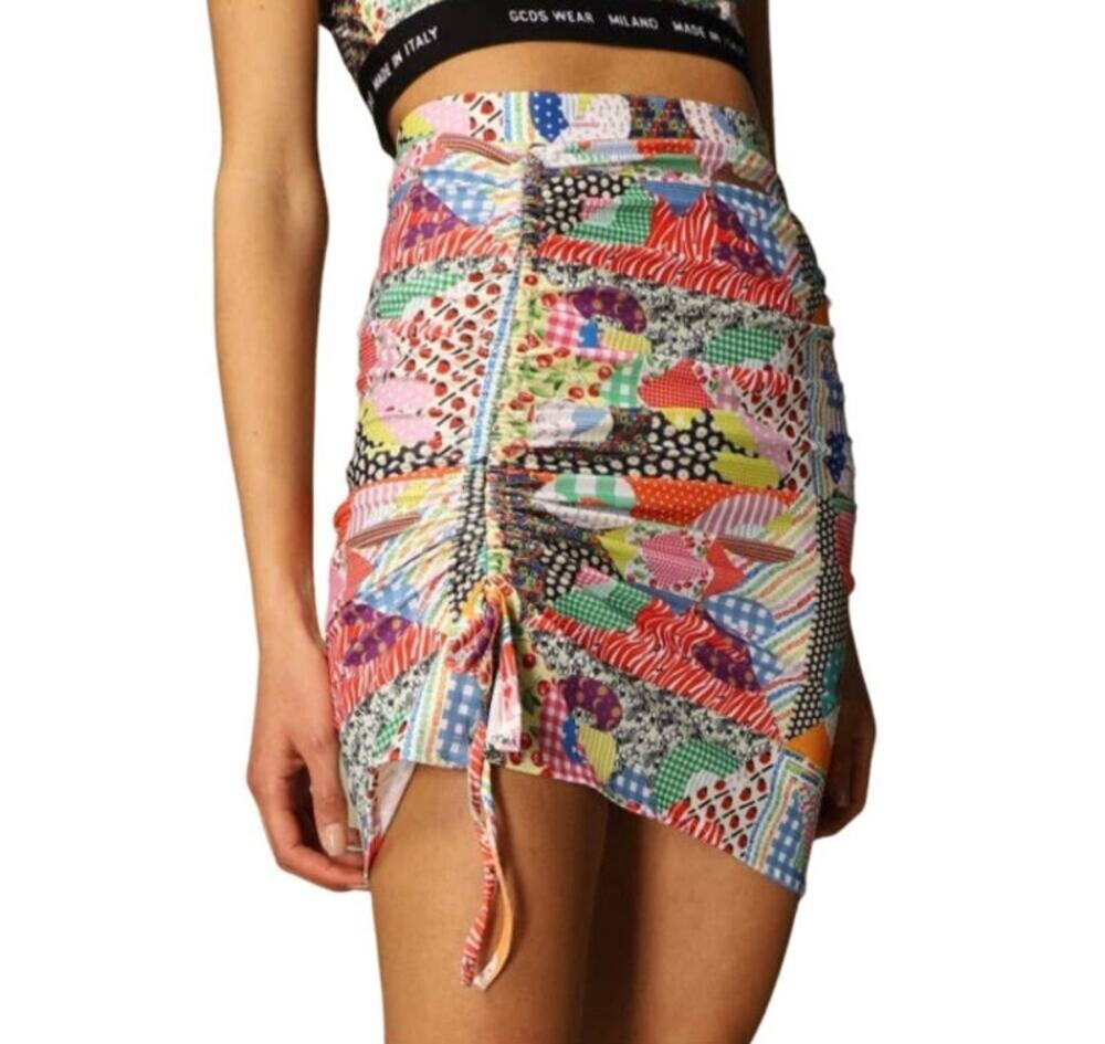 NWOT GCDS Skirt XS Multicolor Patchwork Mixed-Media Logo Ruched Adjust Size-Zip